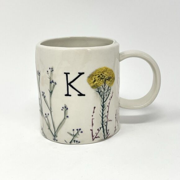 Anthropologie Coffee Tea Cup Mug Dagny Monogram Initial K Botanical Floral - Picture 1 of 8